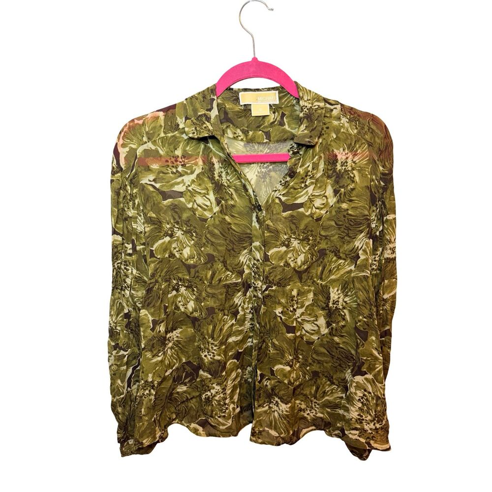 MICHAEL Michael Kors Sheer Floral Blouse Sz 2 Green Button Up Balloon Sleeve Top - Picture 8 of 9